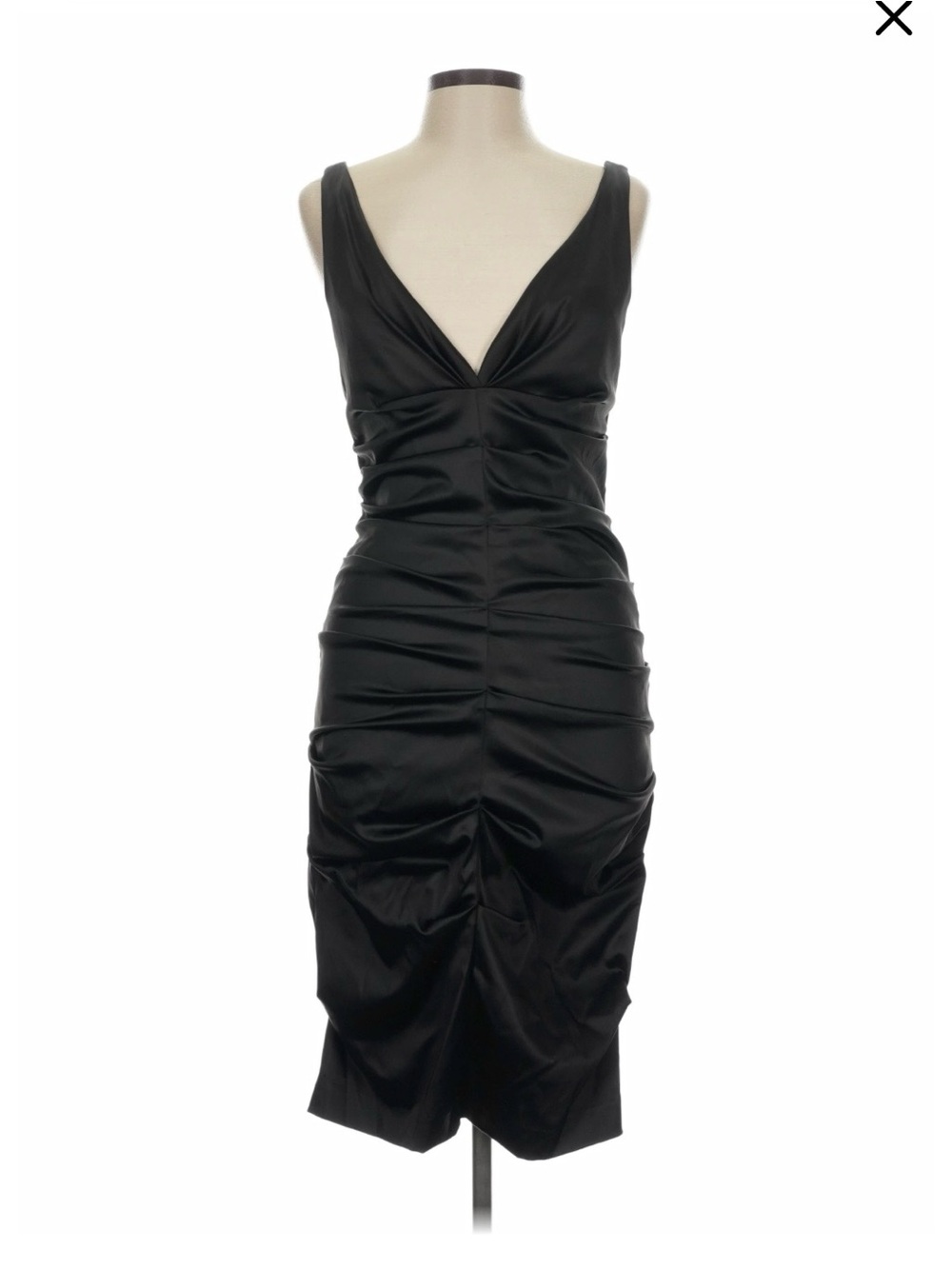 Nicole Miller Black Satin Ruched V-Neck Midi Dress